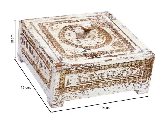 Coffret en bois sculpté avec finition blanche antique 19x19x10h cm