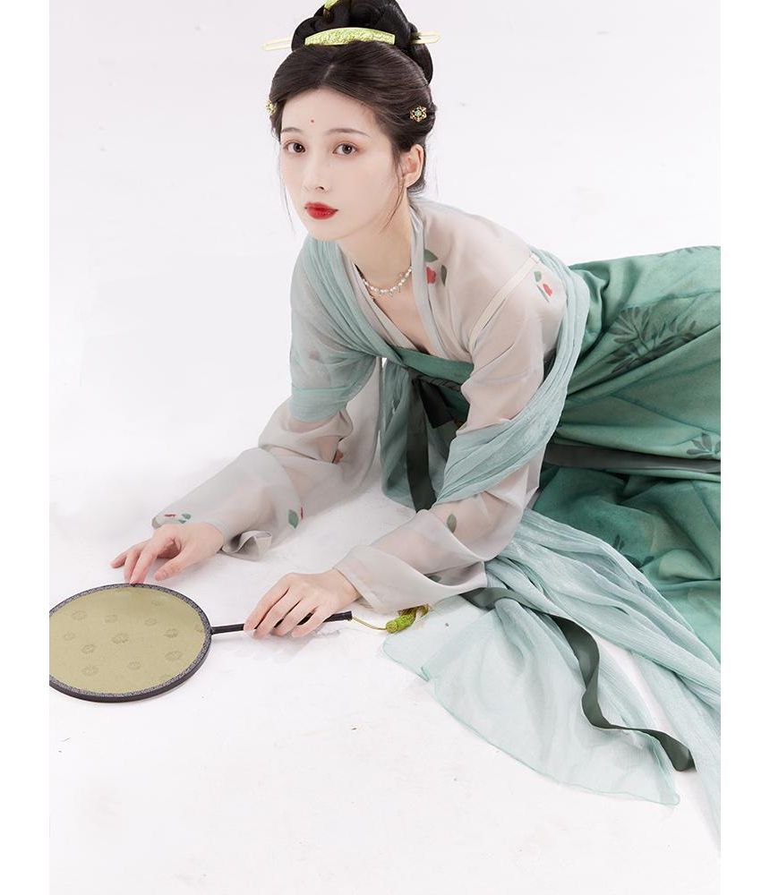Keiko Girl - Traditionele Chinese top met lange mouwen en bloemenprint / strapless maxi-jurk / bandjes / set