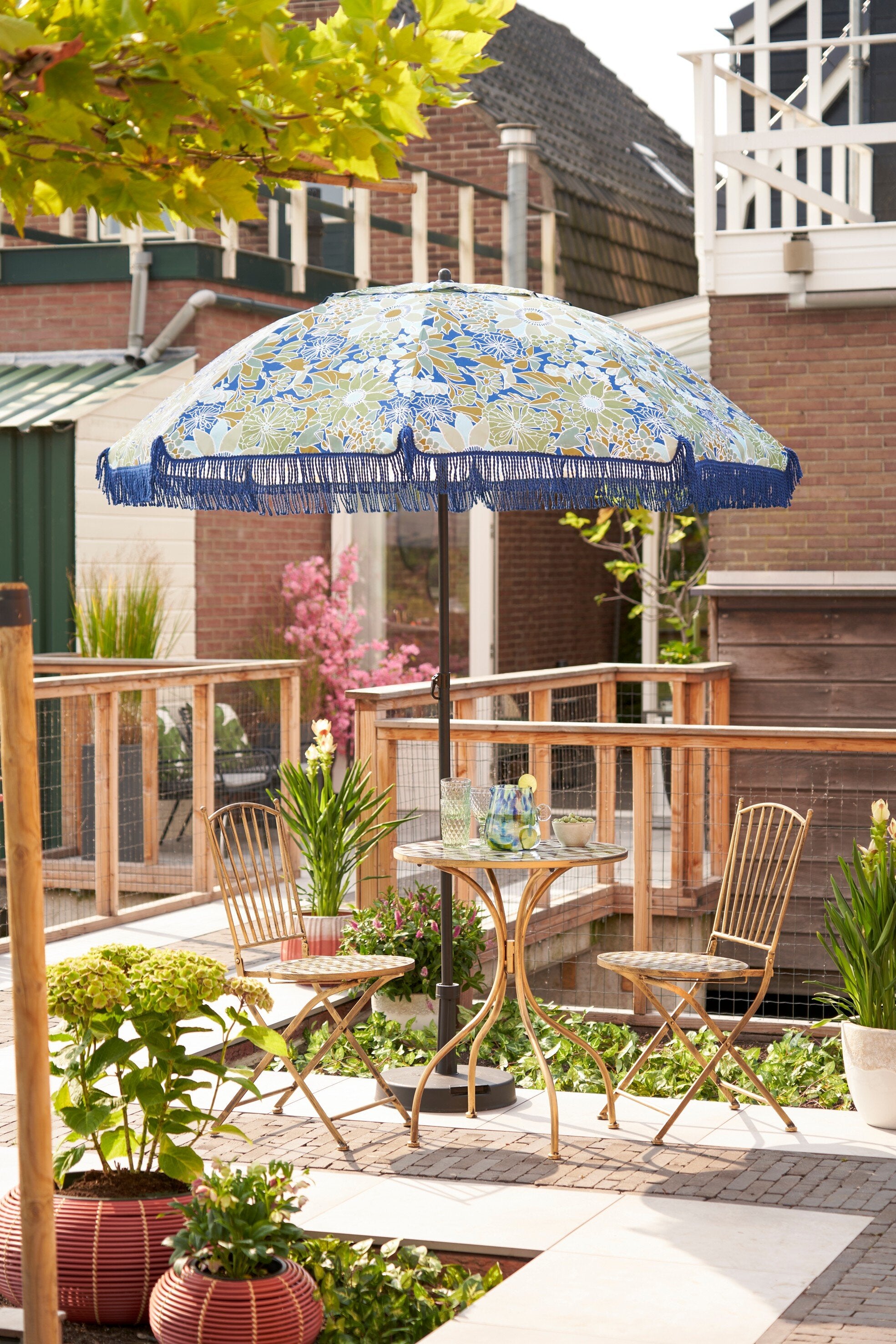 Mica Decorations Parasol Bloem Blauw Groen 238 x d220 cm