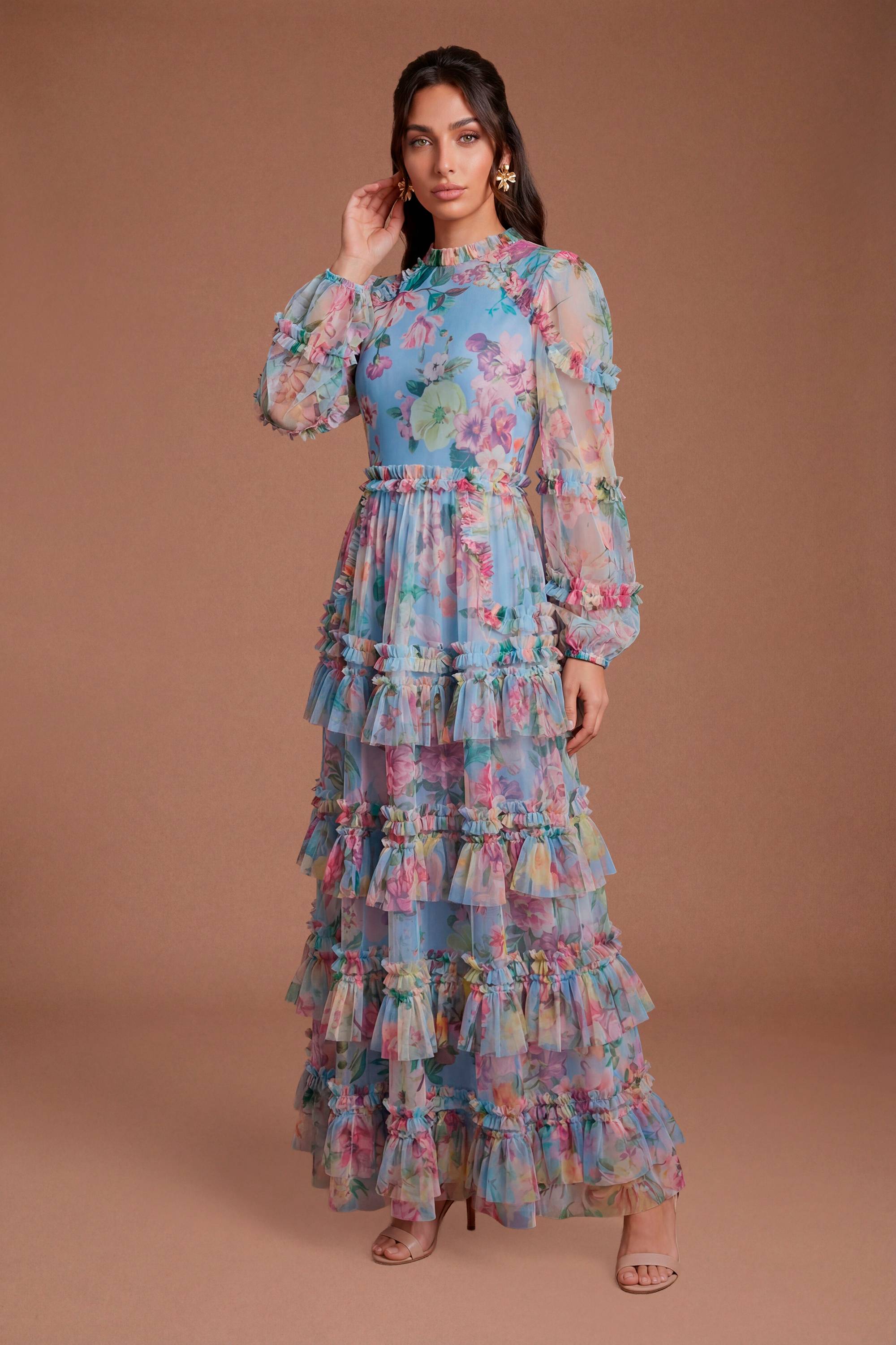 Coast Robe Longue En Mesh À Volants Étagés Imprimée