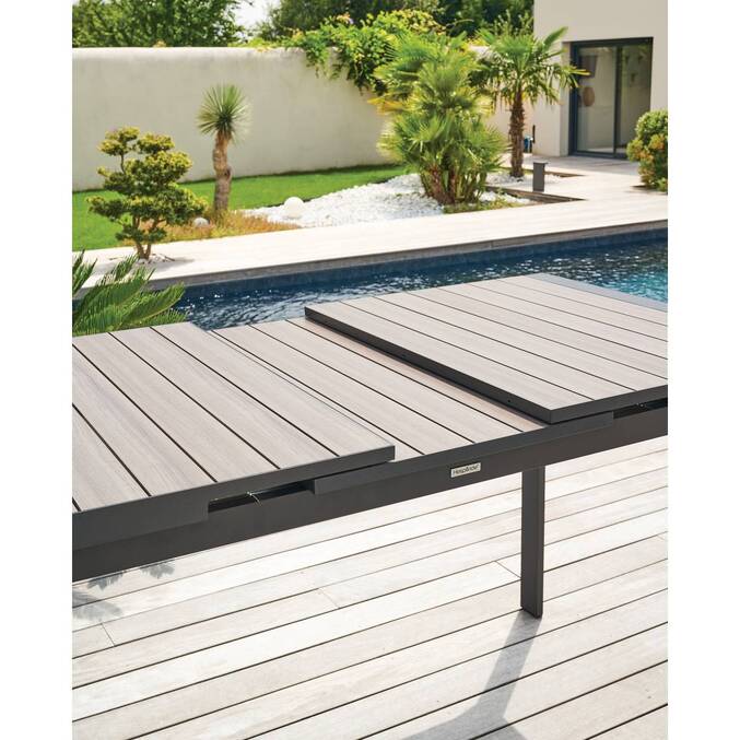 Table haute de jardin extensible ÉVASION Seigle effet bois & Graphite