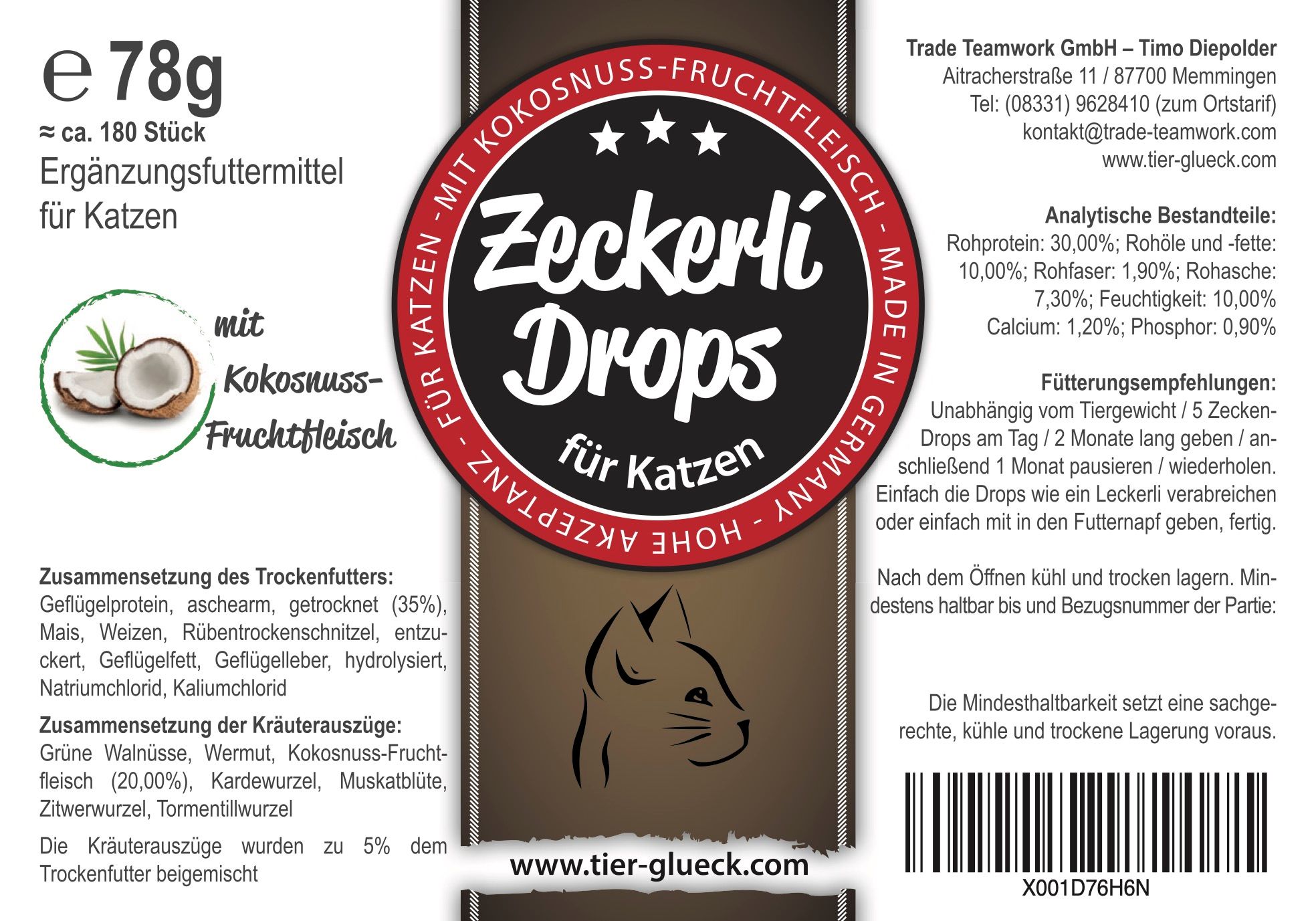 TierGlück Zeckerli® Drops mit Kokosnuss und Kardewurzel für Katzen
