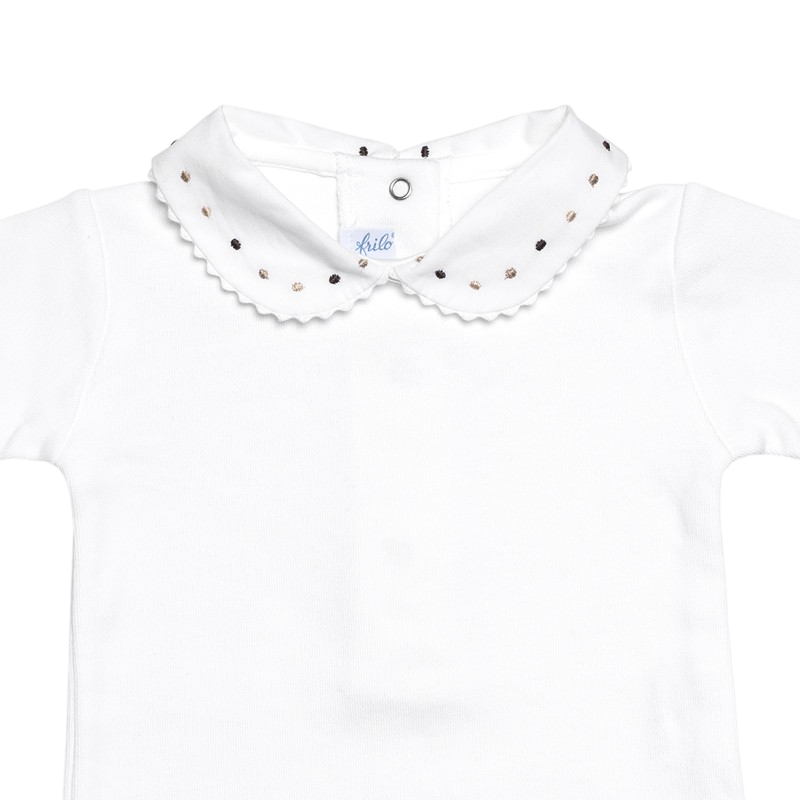Langarmbody weiss mit Stickerei-Kragen beige, braun