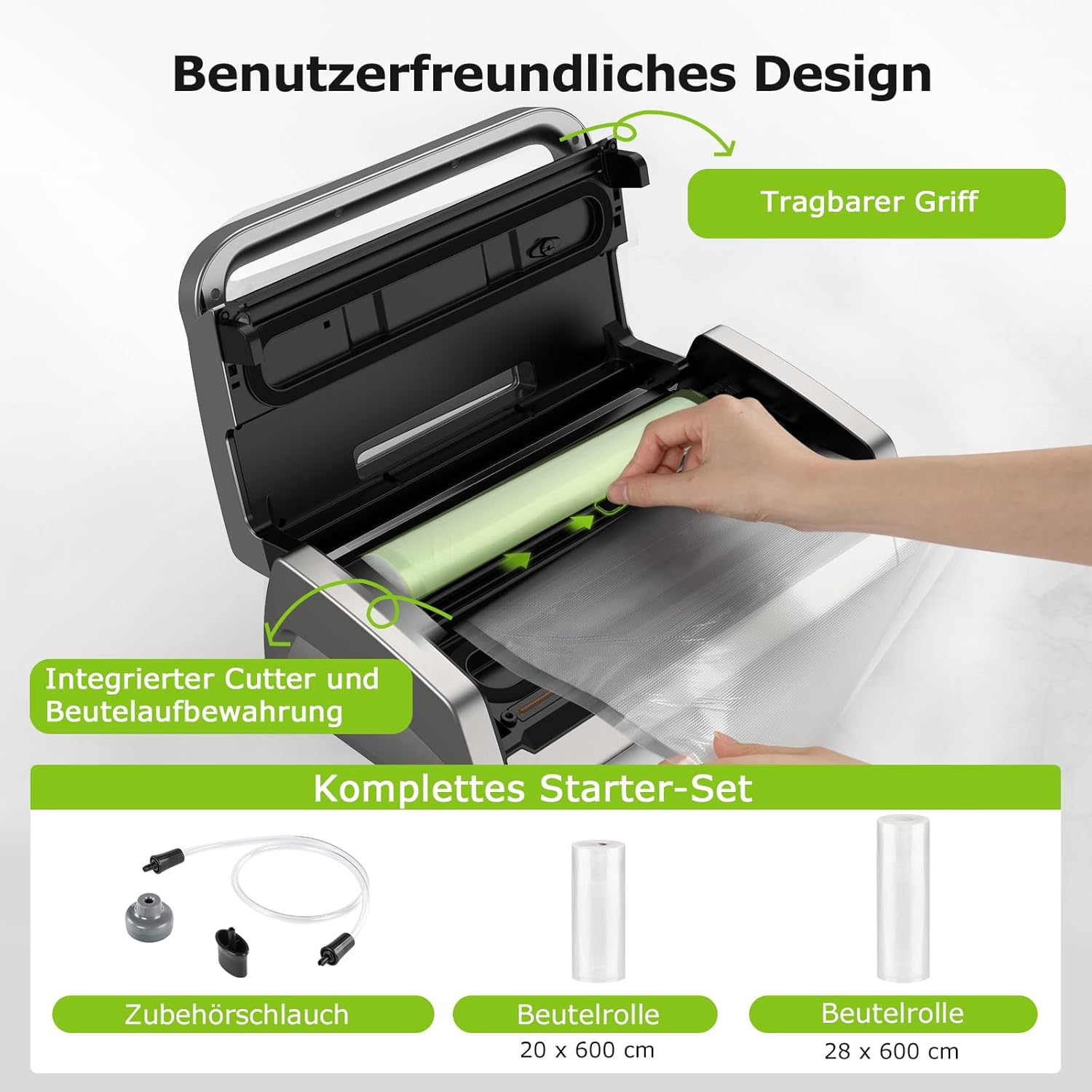 Bonsenkitchen Vakuumiergerät, Vakuumierer-15L/Min Hochleistung, Testsieger Sehr Gut, Design mit Griffverriegelung und Integrierter Schneider, inkl.2 Rollen Vakuumrollen, Silber