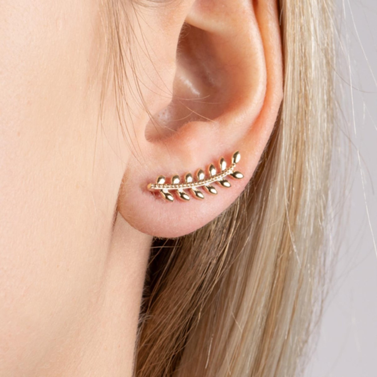 Boucles d'oreilles grimpantes contour de lobe feuille de laurier Plaqué or 750 3 microns