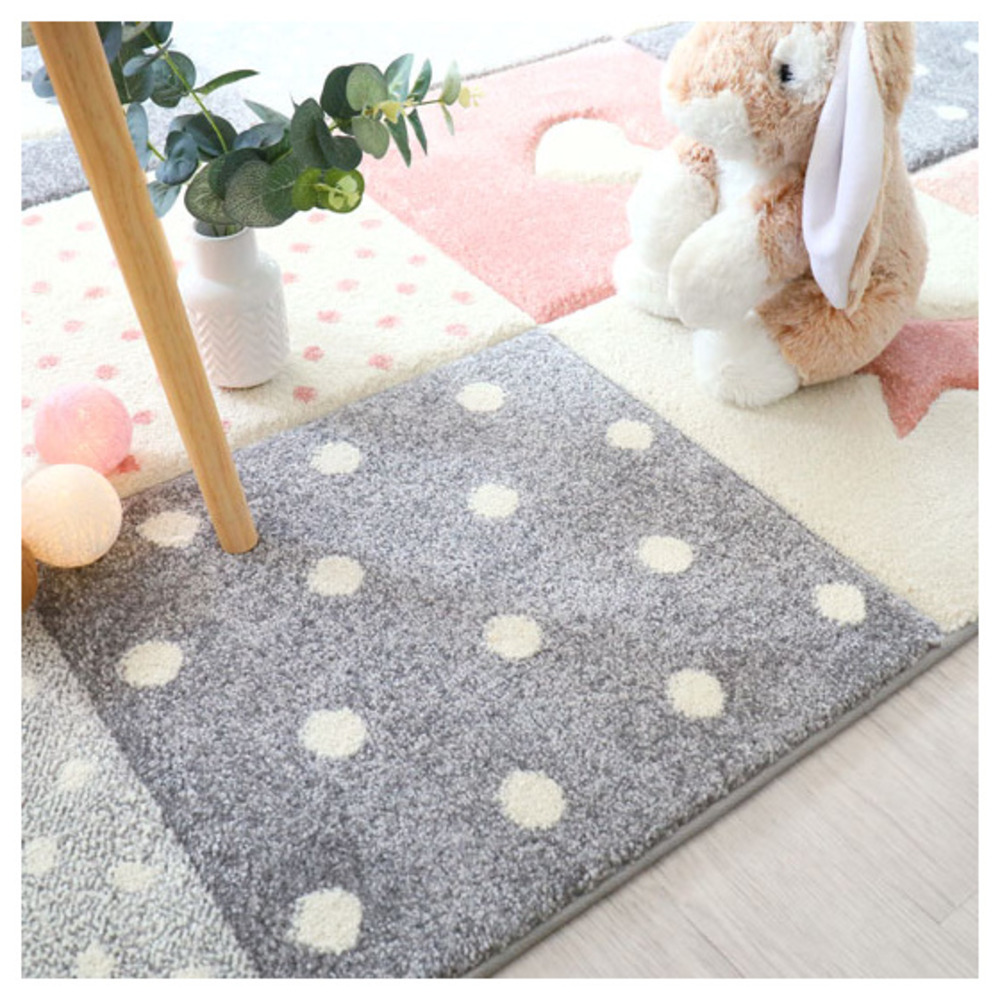 Tapis enfant fille - étoile et cœur - rose pastel gris crème - 160 x 230 cm