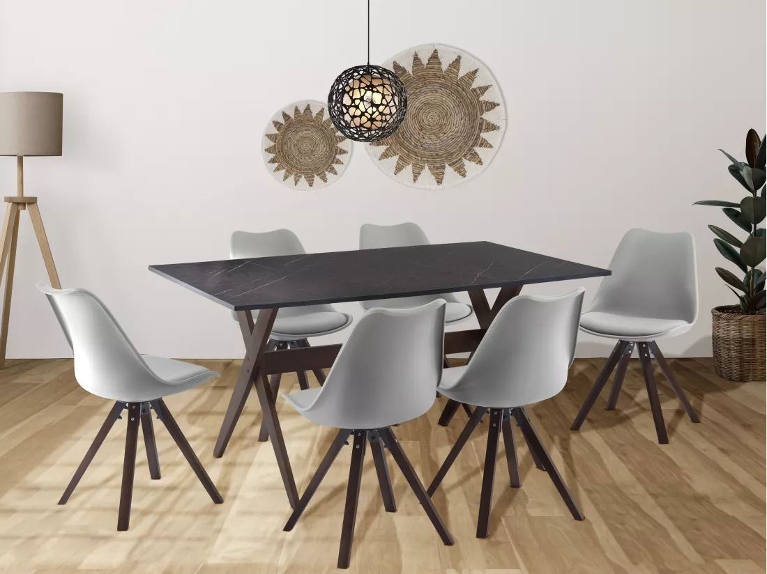 Table à manger 6 personnes en MDF et hêtre - Anthracite et naturel foncé - SERANI
