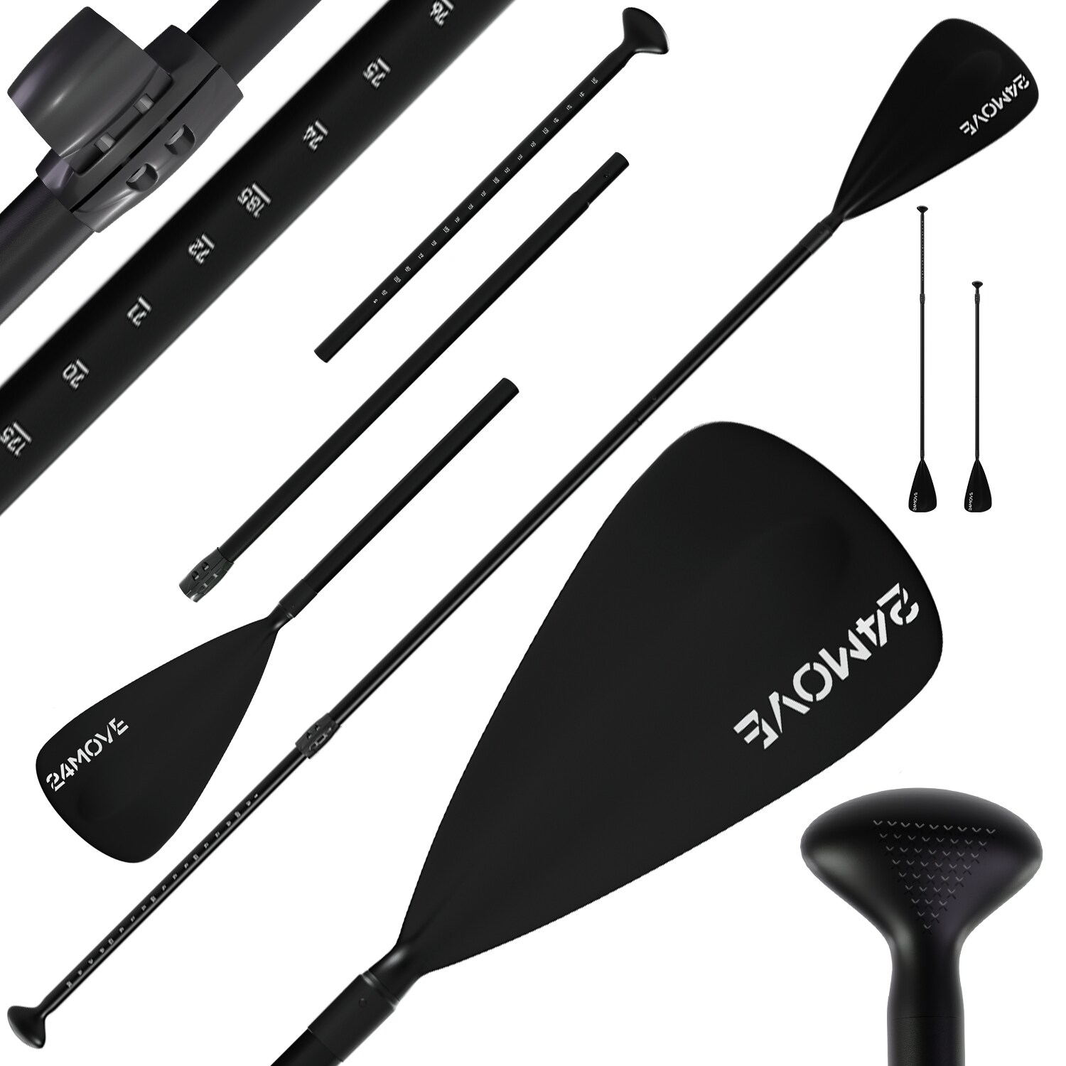 24MOVE® Paddel Einzelpaddel Stechpaddel für SUP Stand Up Board, Kajak, Leicht aus Aluminium 210cm, verstellbar schwarz