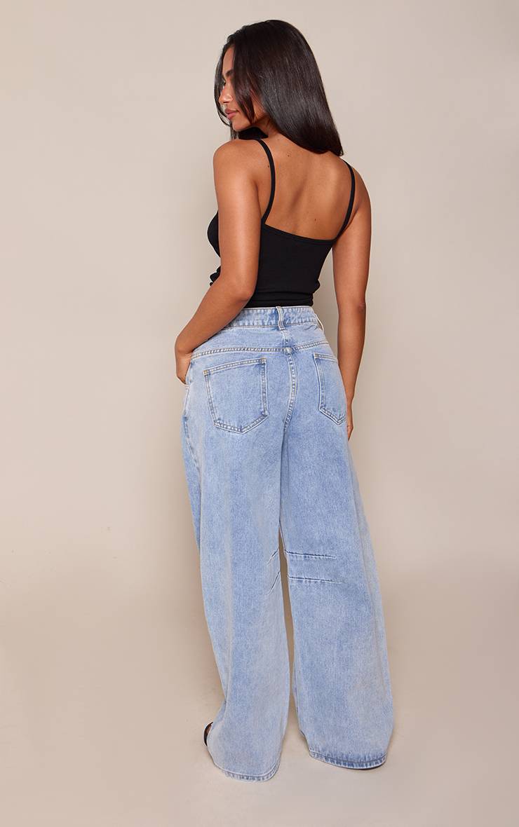 Mid Blue Wash Jean Barrel Petite Bleu Moyen Avec Détails De Coutures