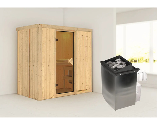 Karibu Mariado modulaire sauna inclusief 9 kW kachel en geïntegreerde bedieningseenheid, zonder dakrand, met gebronsde volledig glazen deur