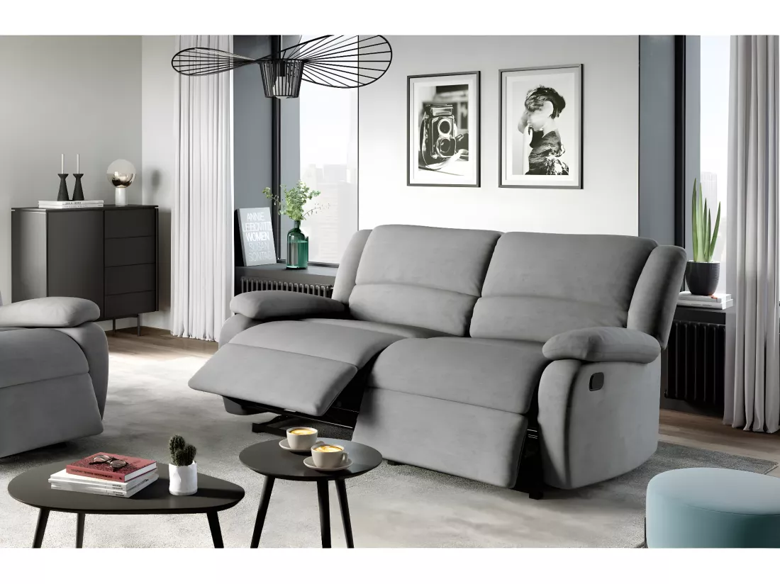 Canapé relax manuel 3 places avec 2 assises XXL Léo en microfibre - Gris - L193 x P93 x H96cm - Loungitude