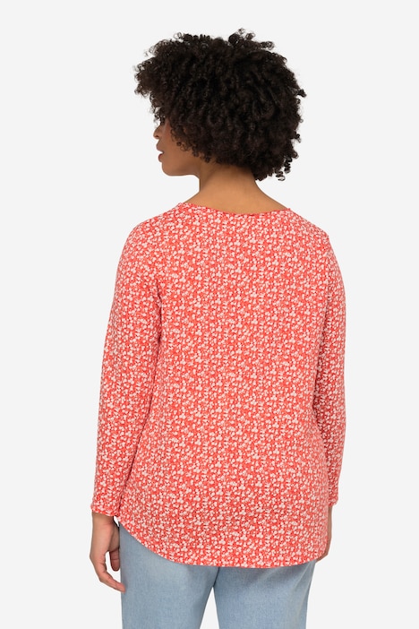 T-Shirt, A-Line, Blütenmuster, Rundhals, Langarm, offenkantige Abschlüsse