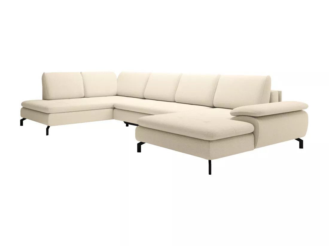 Grand canapé d'angle gauche panoramique convertible en tissu texturé beige ARCHIBALD