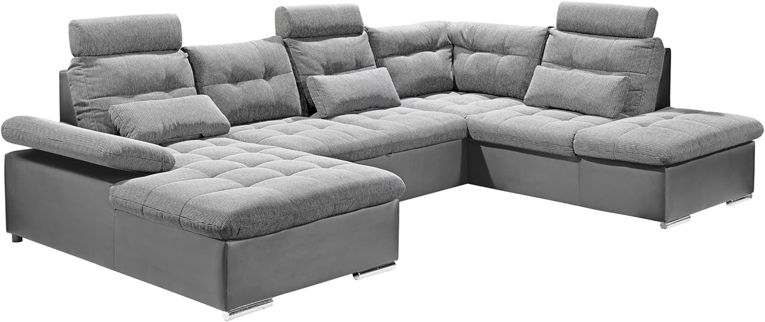JAKARTA Wohnlandschaft in U-Form in Lederoptik, Dunkelgrau / Anthrazit - Ausziehbares Sofa mit Schlaffunktion & Bettkasten - 324 x 107 x 170 (218) cm (B/H/T)