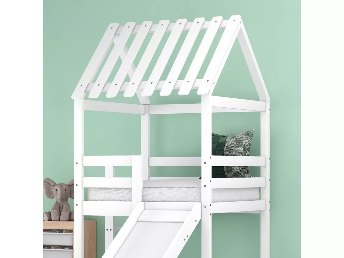 Lits superposés cabane 90x200cm et 90x100cm avec toboggan - Pin certifié FSC - Blanc