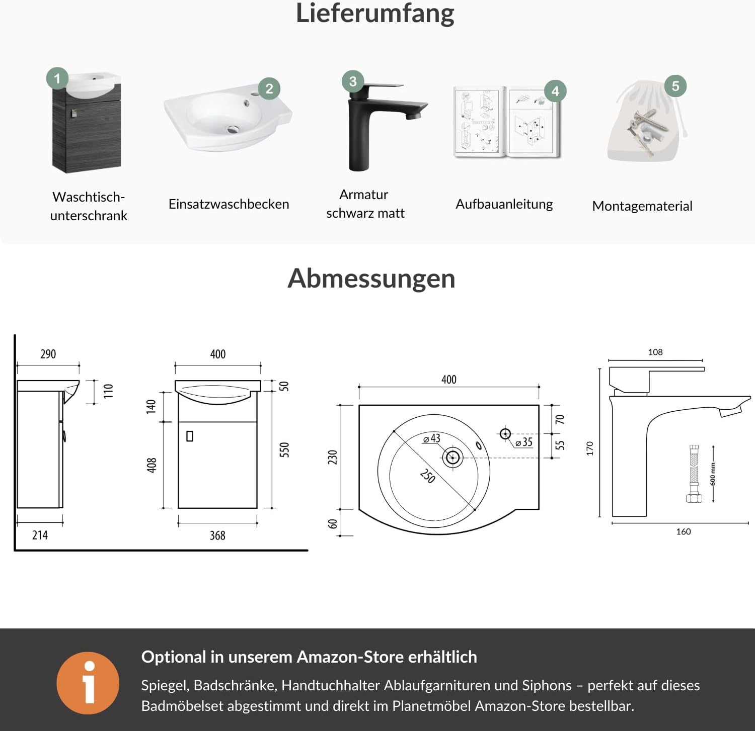 Planetmöbel Badmöbel Set Waschtisch mit Unterschrank 40 x 60 x 29 cm mit Waschtischarmatur schwarz für Badezimmer, Gäste WC & Bad, Anthrazit