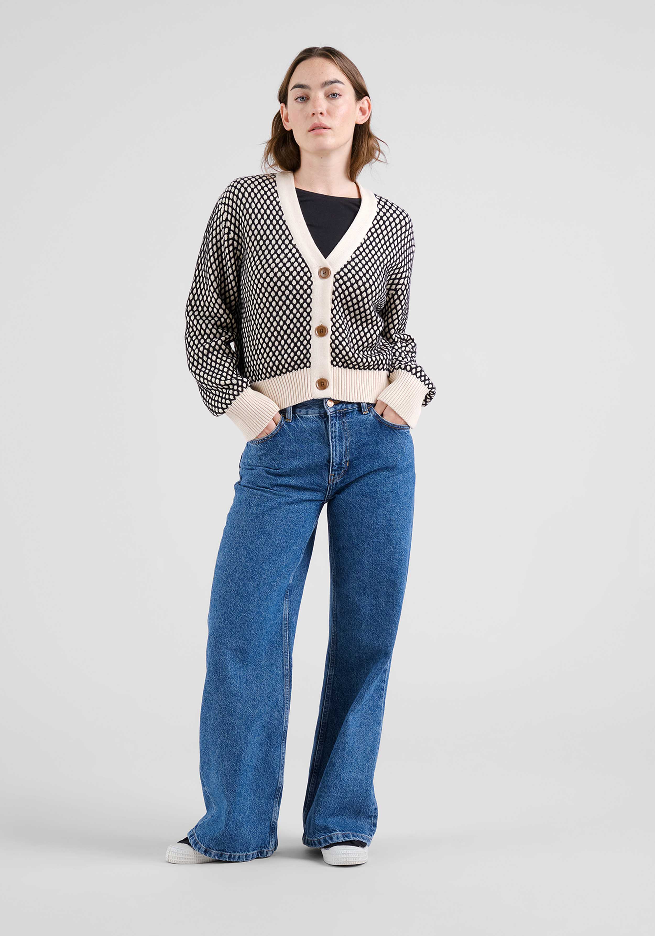 Dedicated Cardigan Kanan Bubble Knit Black/Vanilla Whitecap Gray