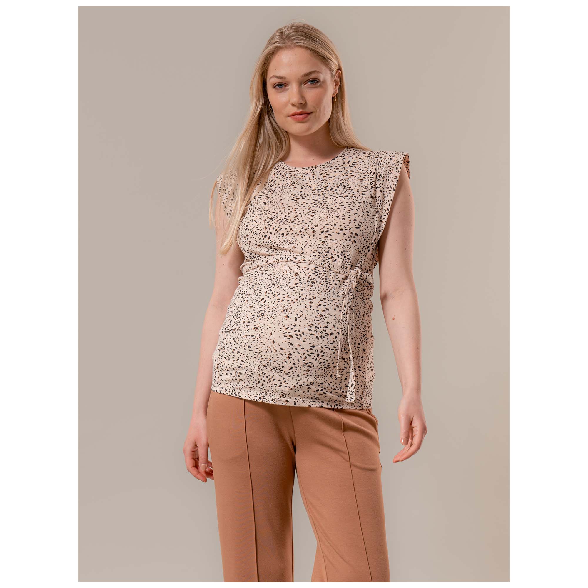 Prénatal zwangerschaps T-shirt korte mouwen all over print beige