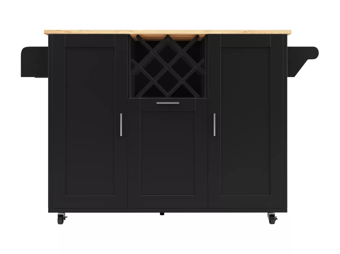 Ilot central de cuisine mobile avec 3 portes et 12 Porte-Bouteilles - Plateau extensible - 183x43(76)x92cm - Bois MDF - Noir et naturel