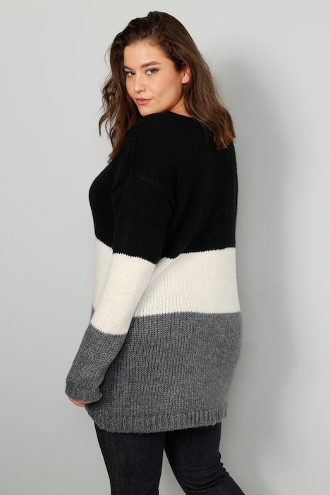 Pullover, oversized, Blockstreifen, V-Ausschnitt, Langarm