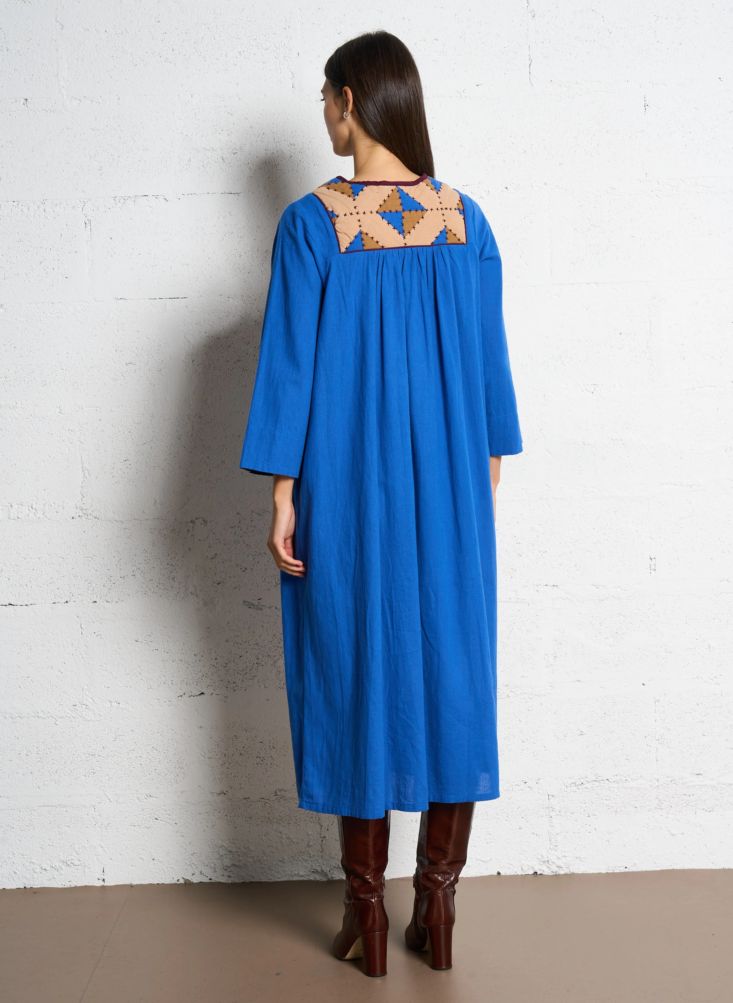 ROM - Robe longue ample col V en coton bio | Bleu
