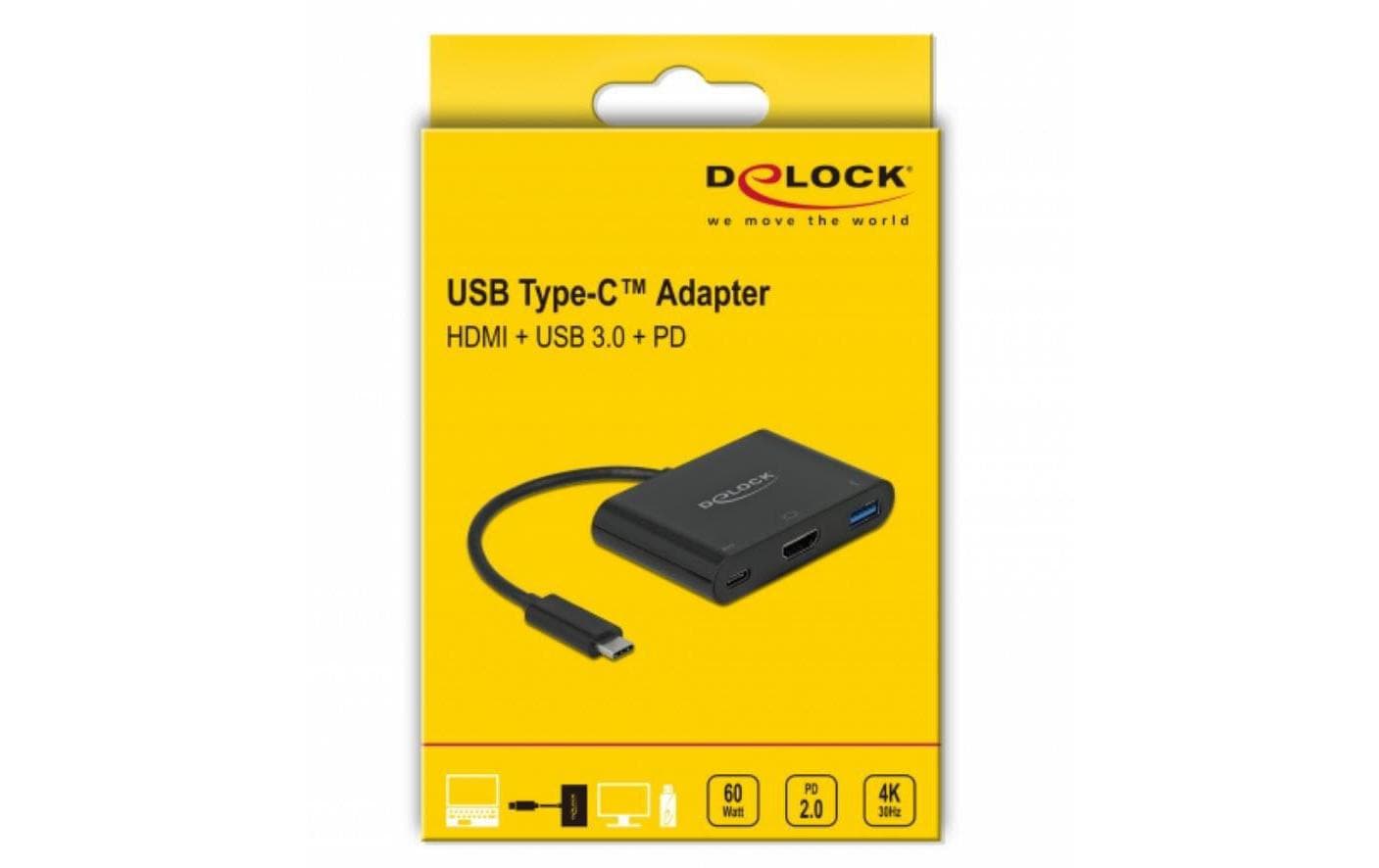 Multiadapter USB Type-C – HDMI, USB3.0-A, USB-C-PD schwarzDelock USB Type-C Adapter zu HDMI 4K 30 Hz mit USB Typ-A und USB Type-C PD