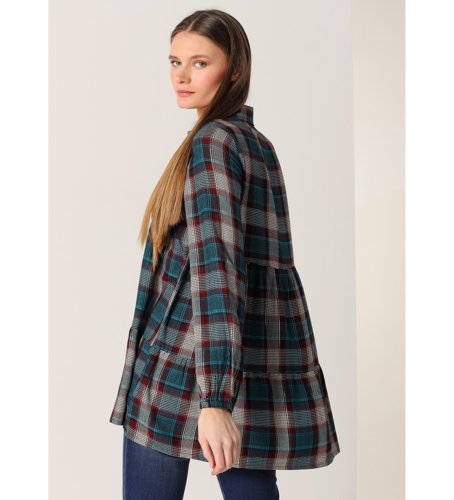 Blusa longa Lois com estampa xadrez azul-marinho