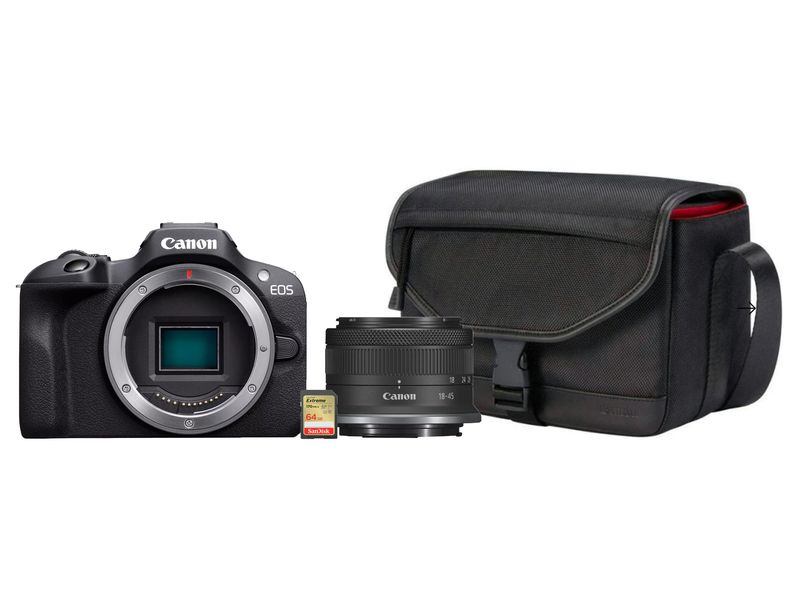 Canon Fotokamera EOS R100 RF-S 18-45 mm SDXC Extreme 64 GB Kompaktkamera mit leistungsstarken Funktionen, Objektiv, Speicherkarte und Tasche