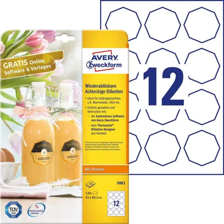 Avery Zweckform 5083 Wiederablösbare, achteckige Etiketten,A4 61 x 60,3 mm, 10 Bogen/120 Etiketten, weiß
