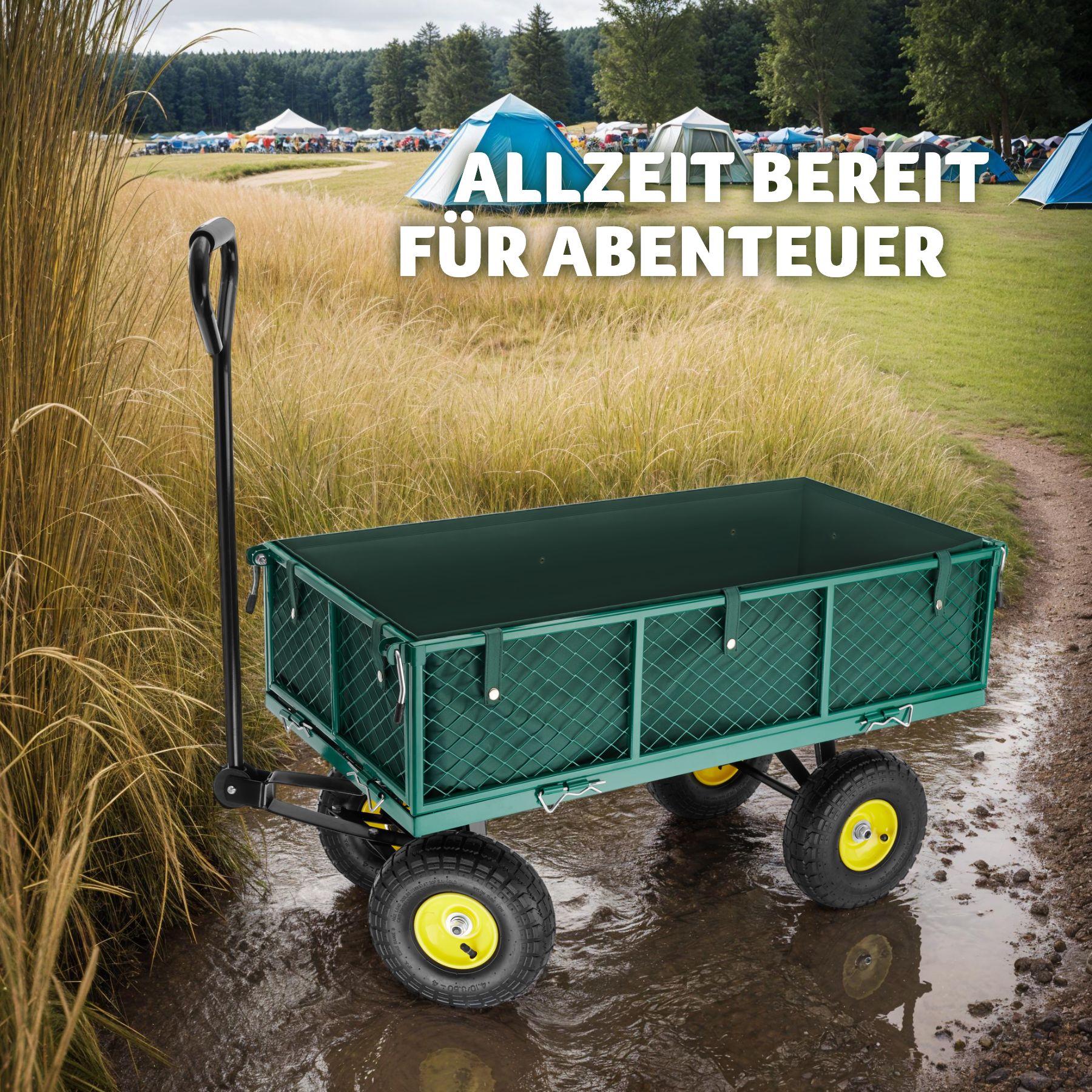 tectake® Bollerwagen, mit klappbaren Seitenwänden, leichtgängige Lenkachse mit gepolstertem Griff, Belastbarkeit 350 kg