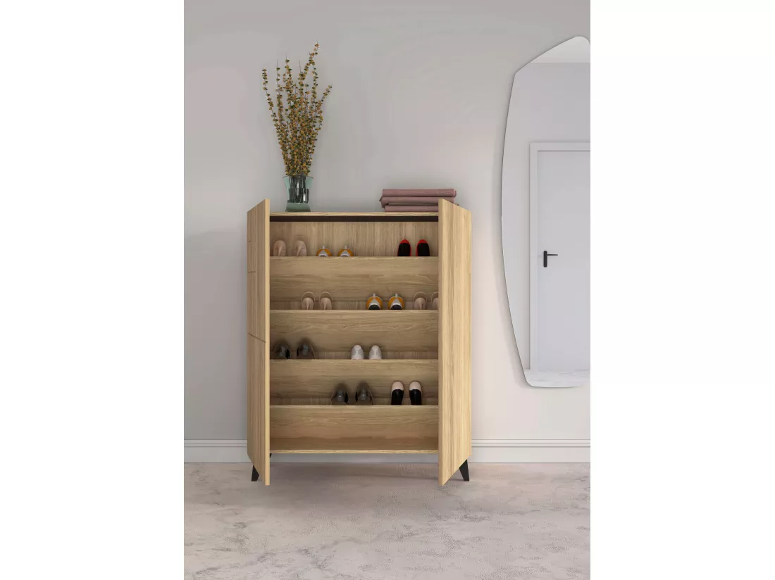 Meuble à chaussures/rangement - H109cm x L90cm x P27cm chêne doré piètement noir - Malmo