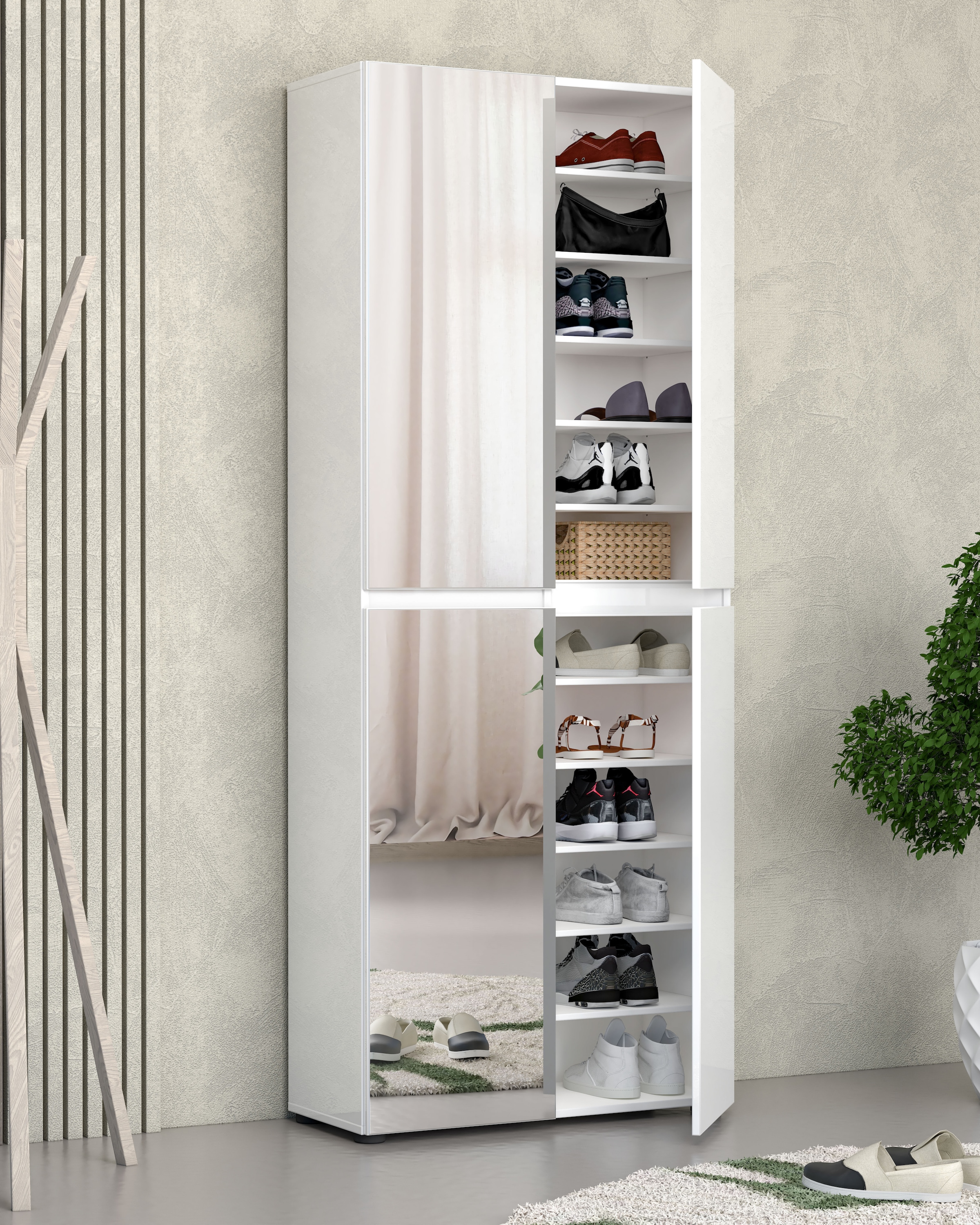INOSIGN Schuhschrank »Mister,Schuhkommode,Schuhmöbel,Schuhablage,Schuhregal« Breite 80 cm, Höhe 200 cm, Tiefe 34 cm, 4 Türen, 12 Fächer, 2 Spiegel
