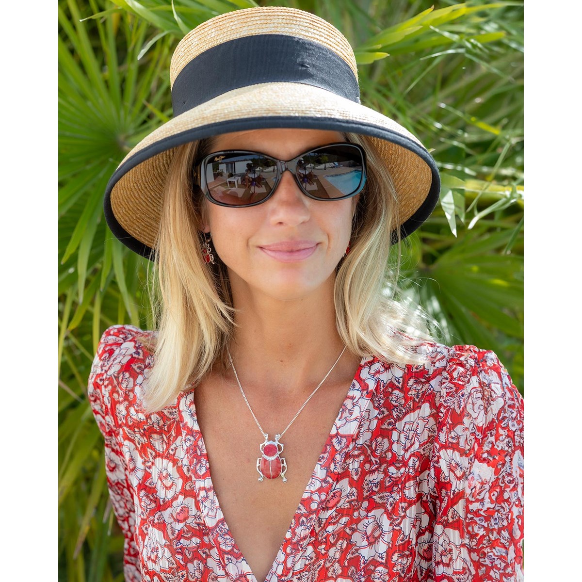 Pendentif Scarabée en Corail Rouge sur Argent 925 - Bijoux Égyptien | Aden