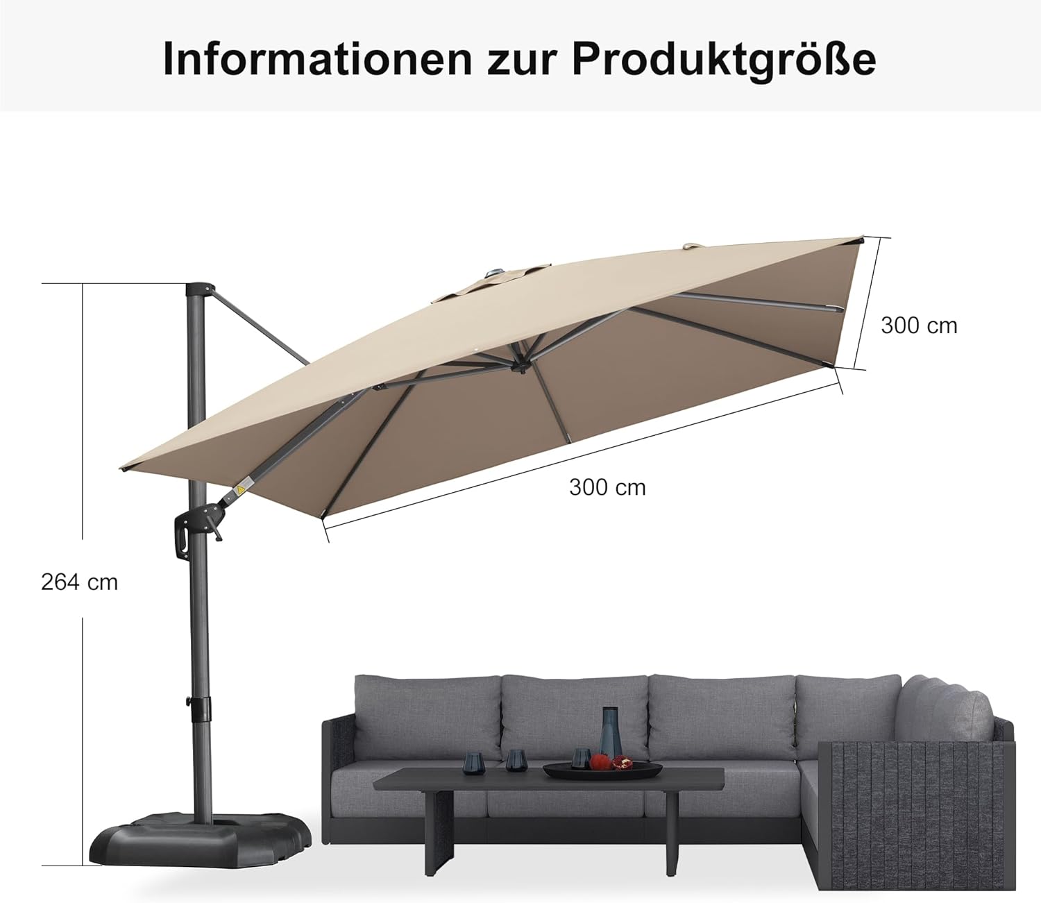 PURPLE LEAF Sonnenschirm 300 x 300 cm, Aluminium Ampelschirm mit Kurbel, Gartenschirm mit Kreuzsockel, 360° Rotation, UV-Schutz, für Terrasse, Balkon, Taupe