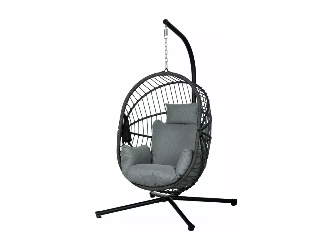 Fauteuil suspendu pliable - fauteuil de jardin suspendu avec coussin - acier noir cordage PP gris
