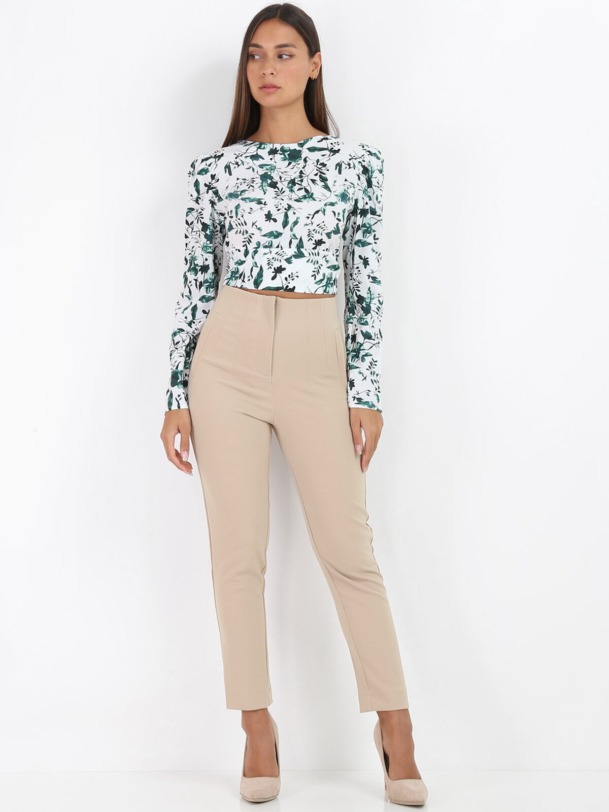 Pantalon droit taille haute- Beige