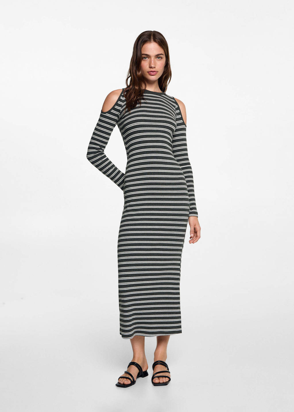 MANGO TEEN gestreepte open shoulder bodycon jurk donkergrijs/wit