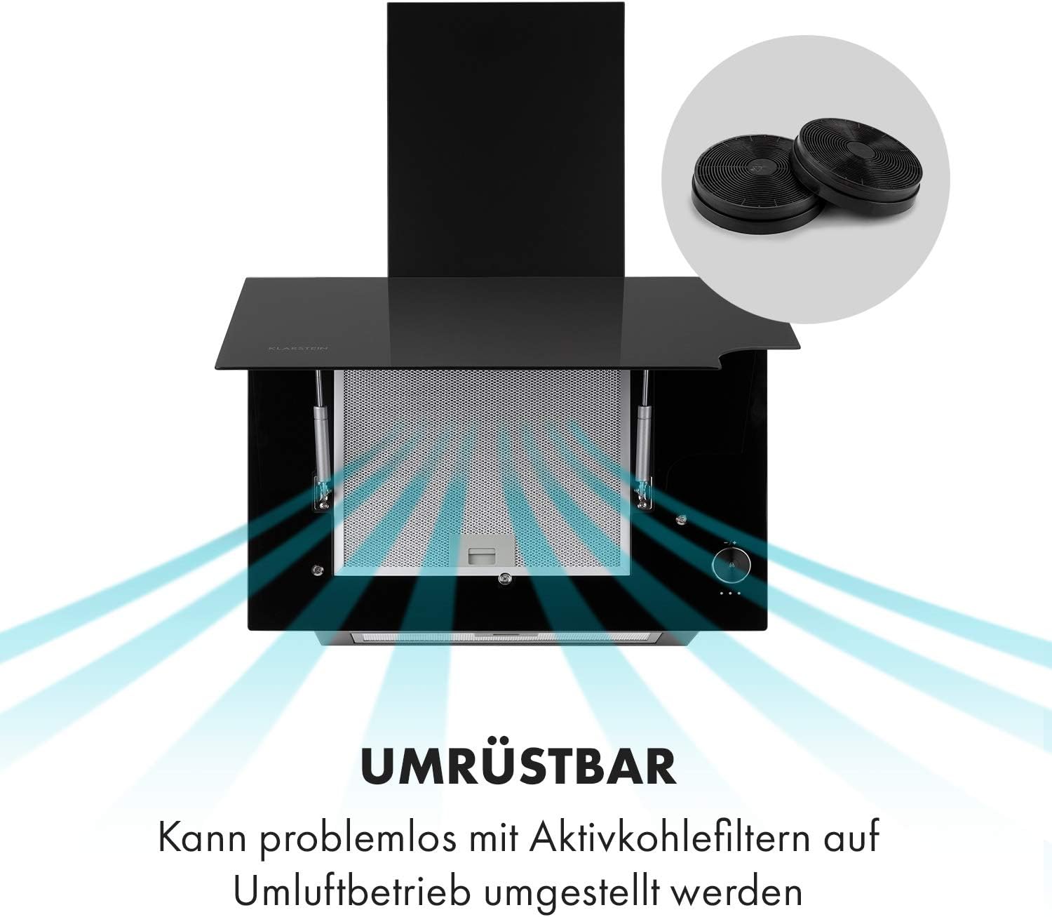 Klarstein Amelia - Dunstabzugshaube, Kopffrei-Haube, flaches Design, 123 W, 586 m³/h, LED-Beleuchtung: 3 W, 3 Leistungsstufen, beleuchteter Touch-Drehregler, 60 x 47 x 23,5 cm, schwarz