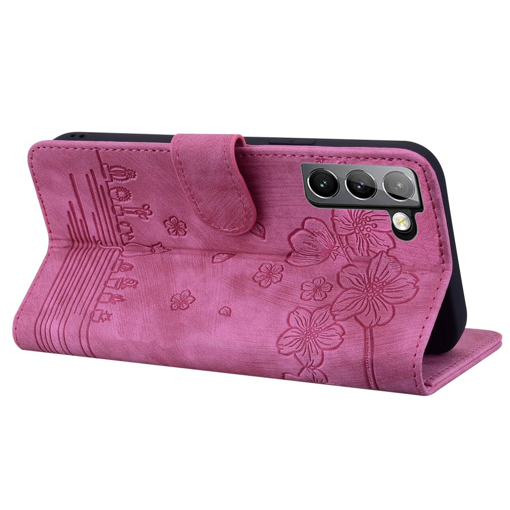 Samsung Galaxy S22 5G Leder Tasche Flip Cover Katze & Blumen Imprint - Pink