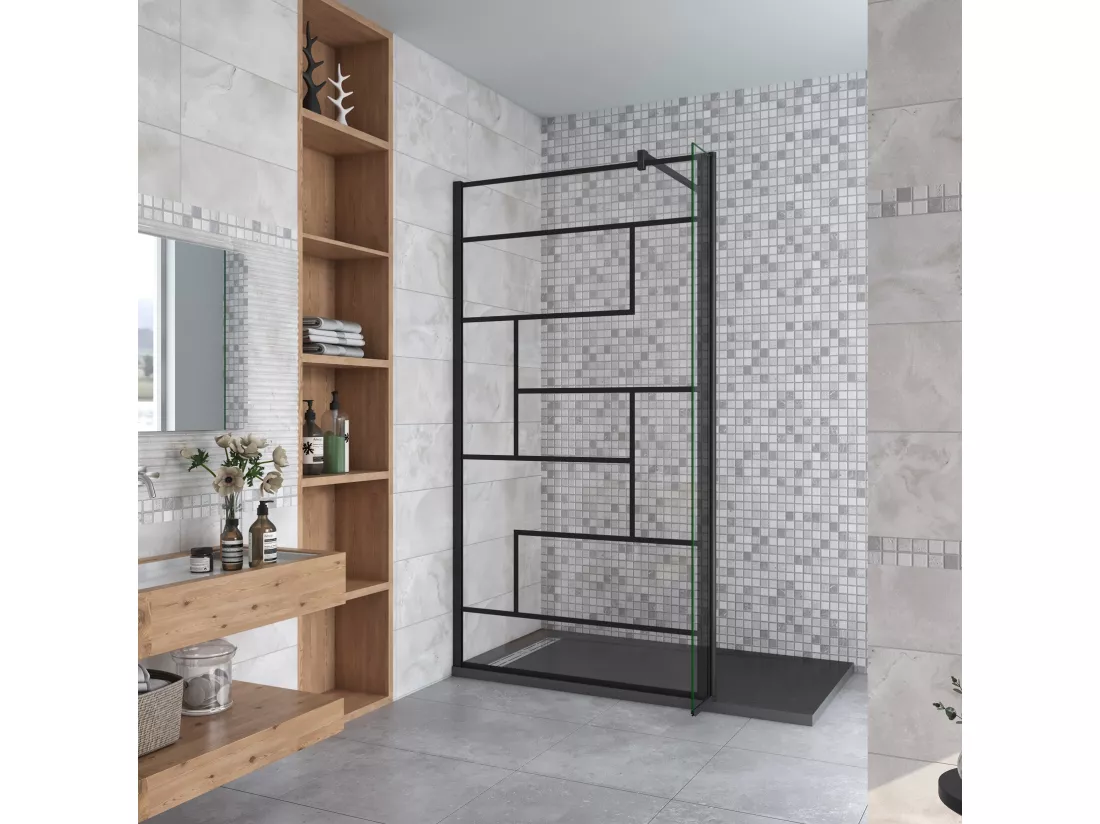 Paroi de douche fixe à l'italienne 120+30x200cm avec retour pivotant - Noir - avec barre de fixation 140cm en carré