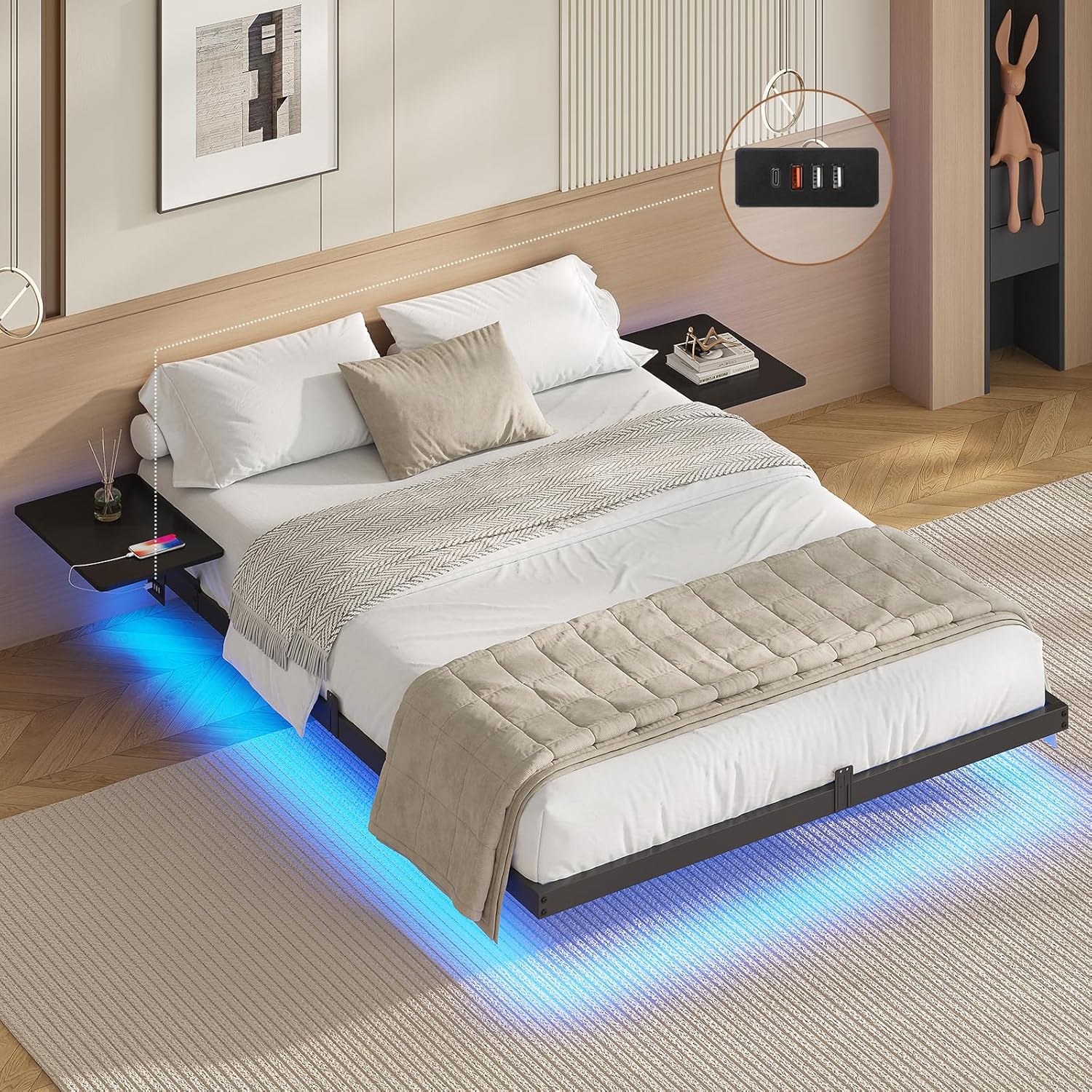 AOGLLATI Bettgestell 140x200 Bett 140x200 aus Metall mit LED Beleuchtung und Ladestation Schwebender Bettrahmen mit Aufbewahrungsregalen Metallbett mit Lattenrost Doppelbett Schwarz (Ohne Matratze)