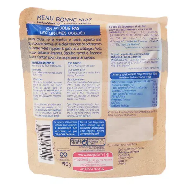 Sachê Babybio Sopa de Abóbora e Pastinaca Orgânica para Refeição Noturna +6 meses 190g