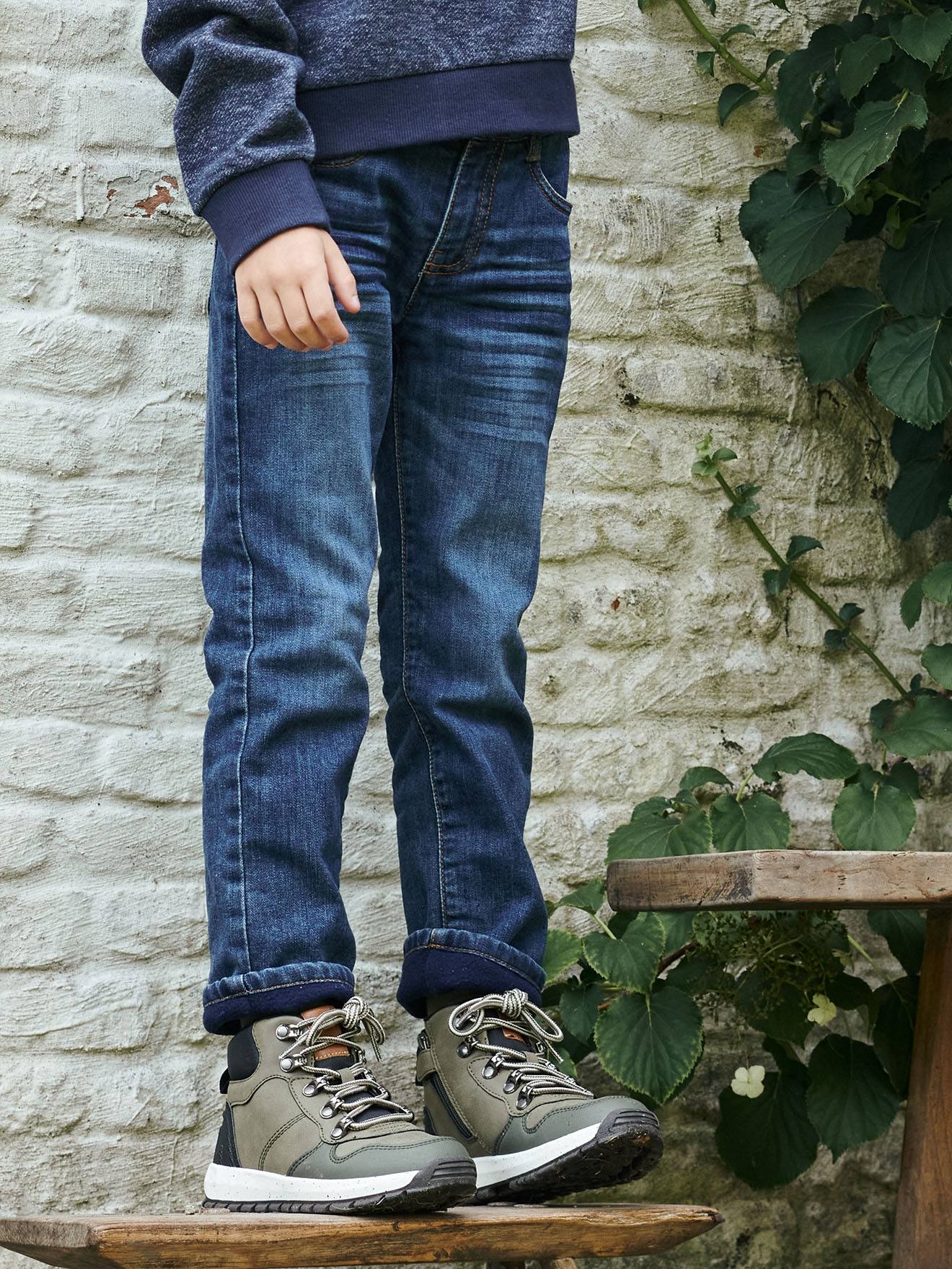 Calça jeans indestrutível de corte reto com forro de lã, para meninos, azul escuro liso