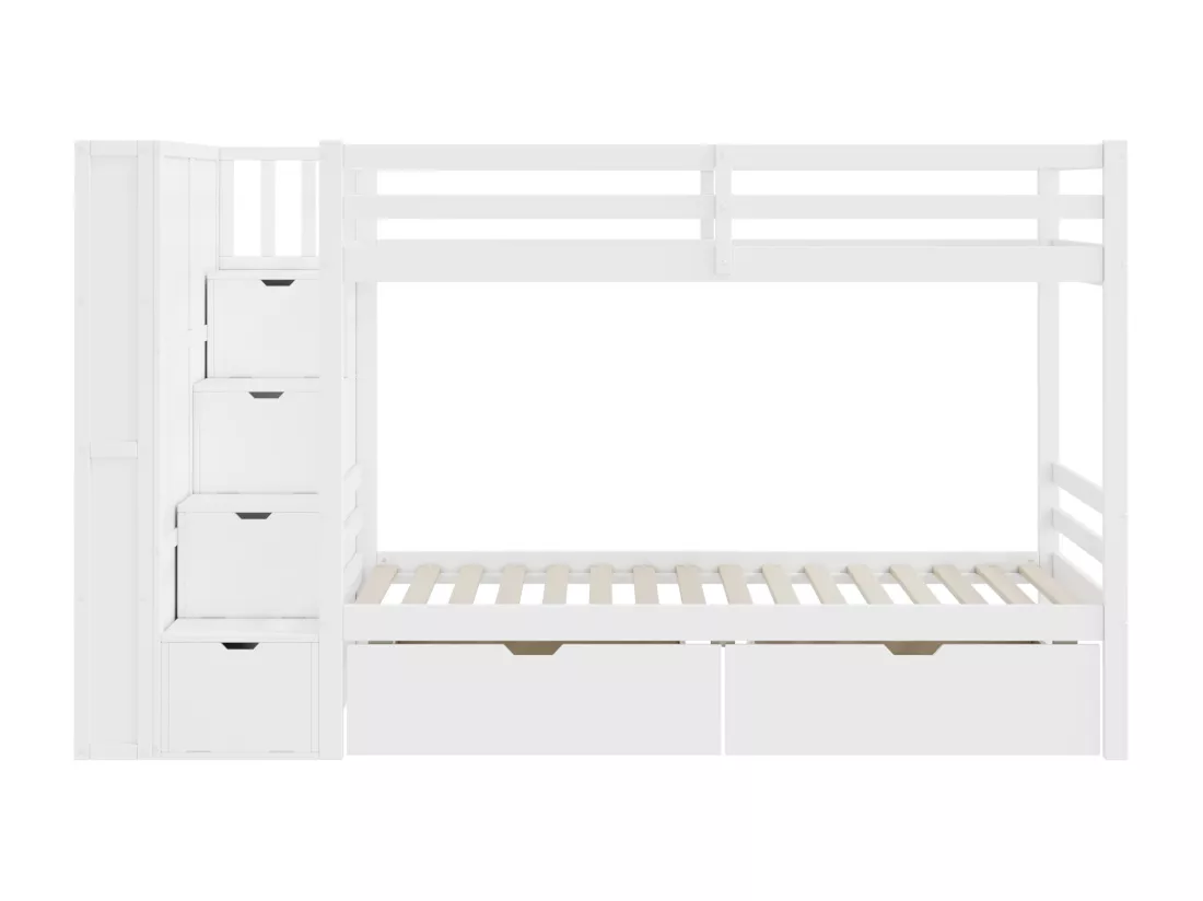 Lit superposé avec 2 tiroirs + escalier de rangement + étagères - 90x200 cm - en bois de pin - Blanc