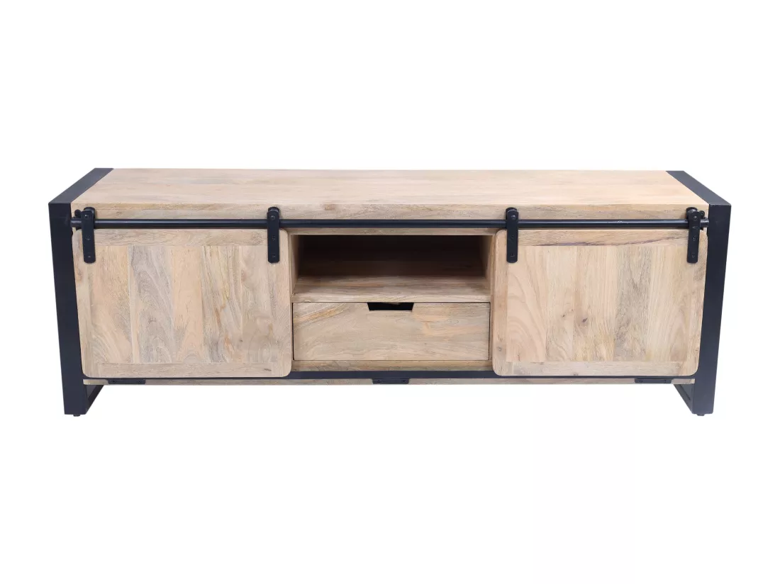 Meuble TV avec 2 portes, 1 tiroir et 1 niche en bois de manguier et métal - Naturel et noir - HARLEM II