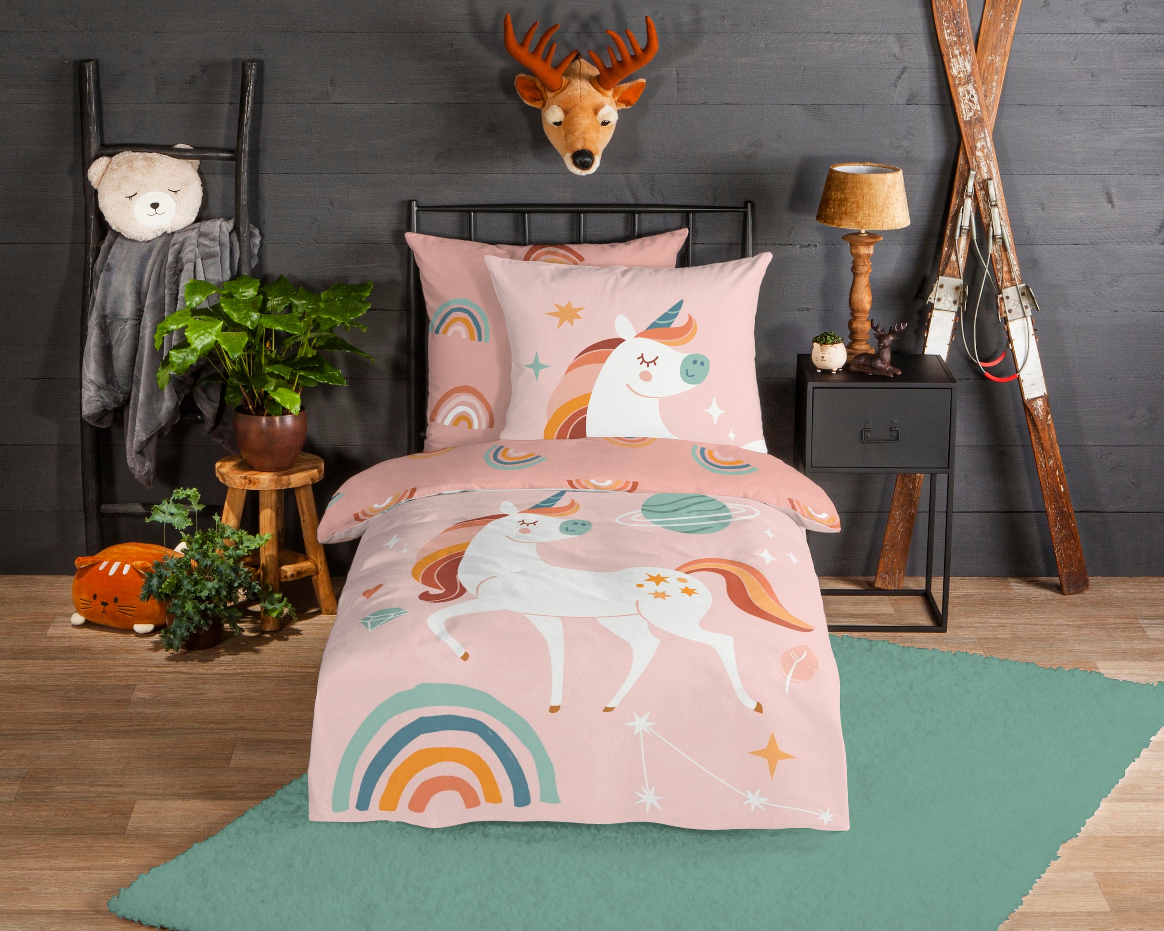 good morning Kinderbettwäsche »Unidance« 2 Stk. tlg. Biber, 135x200, Warm, Weich, Wende, Reissverschluss, Kind, Einhorn Rosa