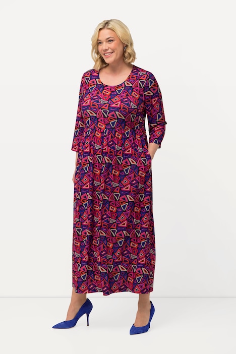 Jerseykleid, grafischer Druck, A-Linie, Rundhals, 3/4-Arm