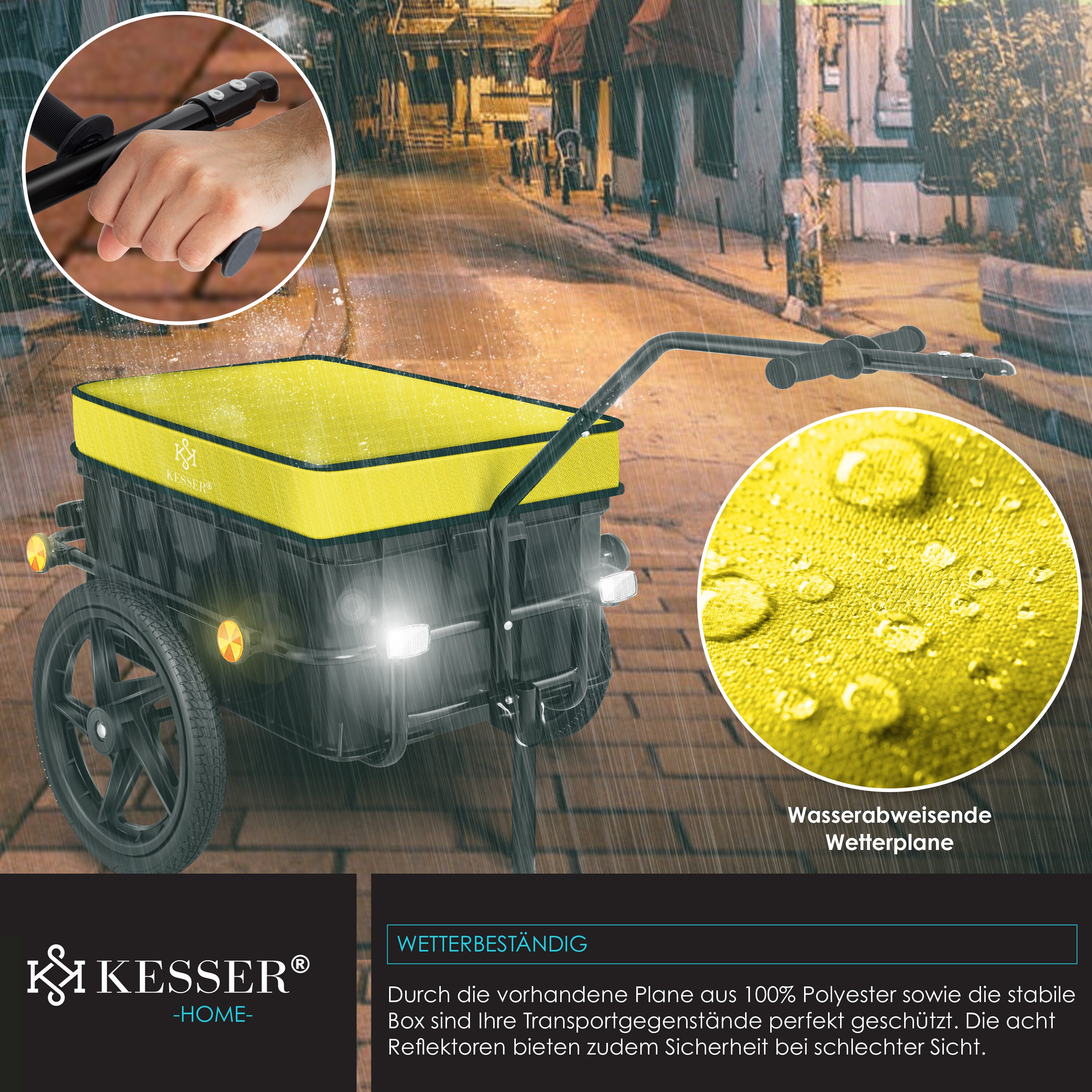 KESSER® Fahrradanhänger Lastenanhänger Handwagen mit Kupplung Hochdeichsel für Fahrrad Transportanhänger Transportbox mit 70 Liter Volumen Max. 60kgfür Fahrräder mit 26'' - 28''