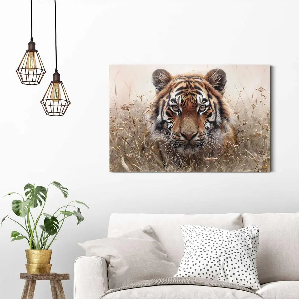 Schilderij Tijger op jacht - 60x90cm - Bruin