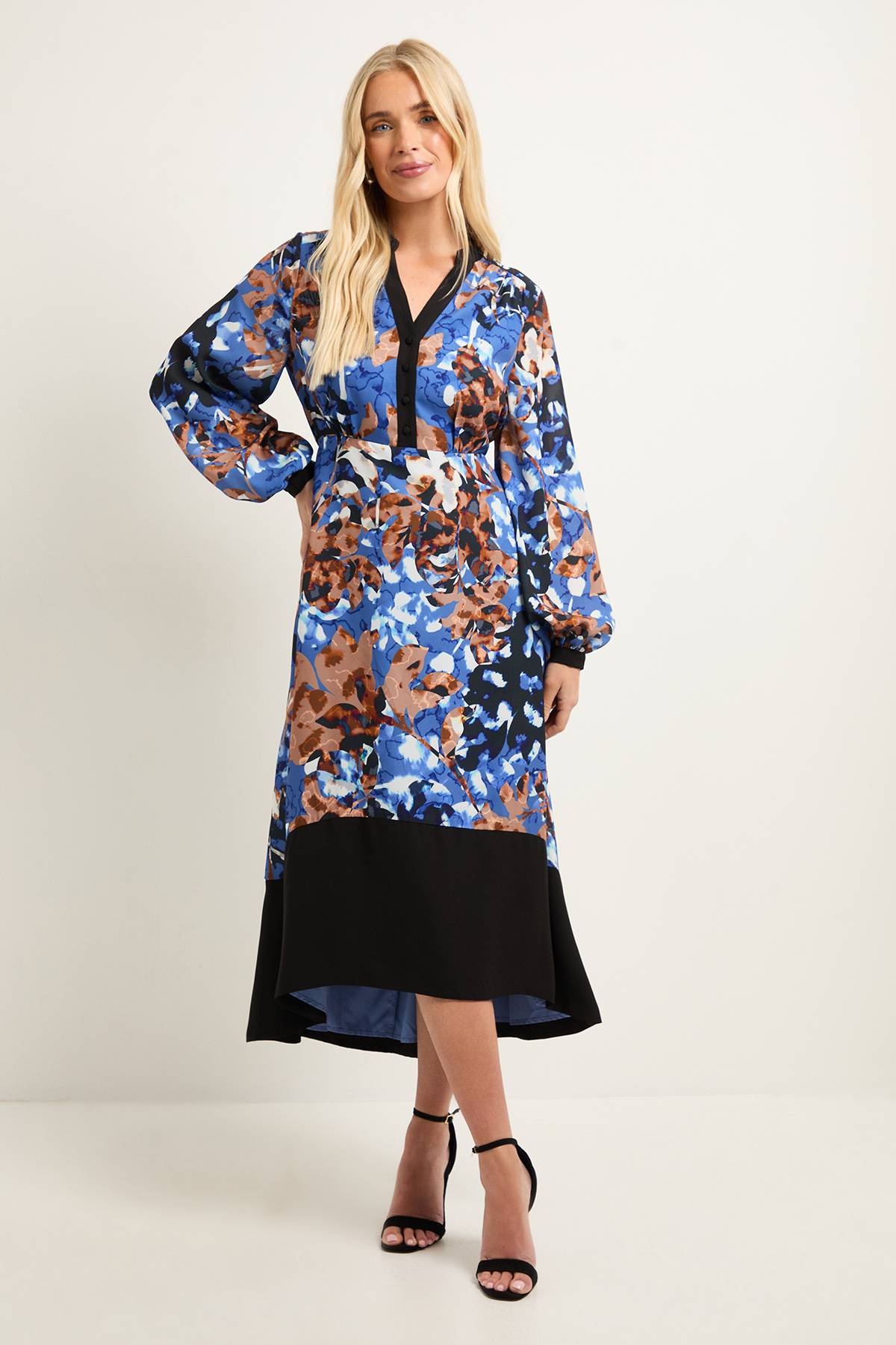 Wallis Robe Midi Florale Ceinturée à Contrastes Petite Taille